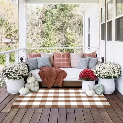 Homydecor Buffalo Plaid Outdoor Rugs, 4'x6' Coffe and White Checkered Area Rug, Layering Rug for Hello/Welcome Door Mat, Washable Cotton Woven Farmhouse Mat for Front Porch Décor