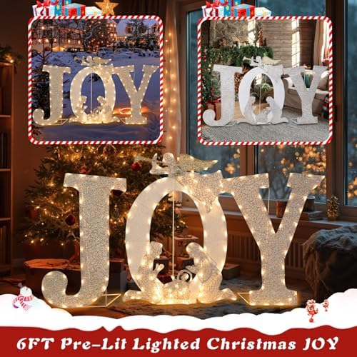 7 FT Lighted Christmas Joy & Nativity, Pre‑Lit Outdoor Yard Decor