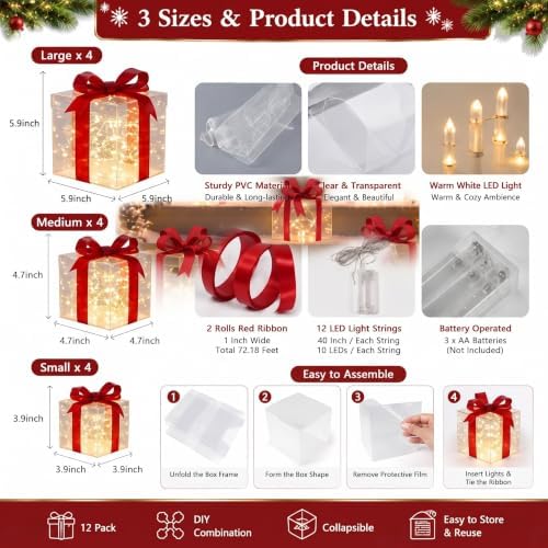 Rattanview 12 Set Christmas Lighted Gift Boxes Outdoor Holiday LED Decor