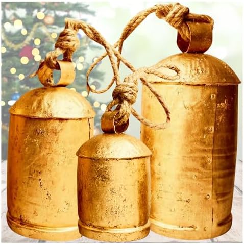 Decorative Cow Bells Set of 3 Large Harmony Bells - Vintage Giant Christmas Bells, Country Rustic Cowbell on Jute Rope XL Hanging Lucky Golden Bells (4"-6"-8")