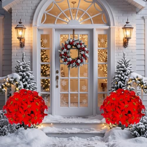 Daynight 2Pcs Artificial Poinsettia Plants with Stakes Outdoor, 24 Inch Red