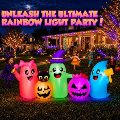 8FT Long Halloween Inflatables Decoration Outdoor Ghosts & Pumpkins Combo with Muti-Color Changing LEDs, Cute Halloween Blow Up Yard Decorations Blowups for Lawn Party