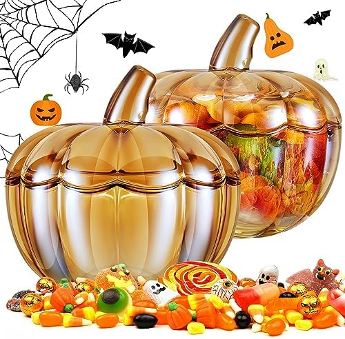 2 Pcs Glass Pumpkin Candy Jar with Lid Halloween Fall, 70 Oz,70 oz, Amber