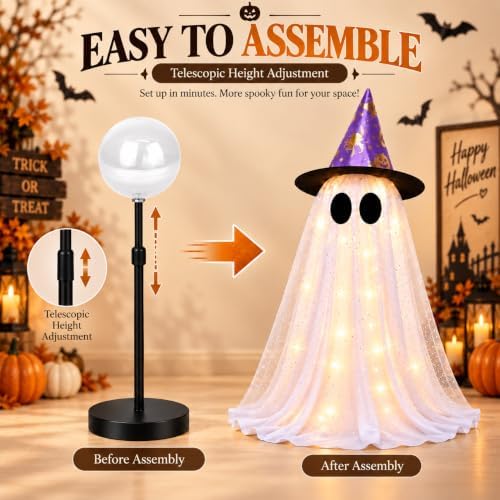 2 Pack Lighted Halloween Ghost Decorations Indoor Outdoor, Cute Glowing Freestanding Ghosts with Witch Hat & Telescopic Stand, 8 Lighting Mode Battery Operated Light Up Spooky Room Tabletop Home Decor