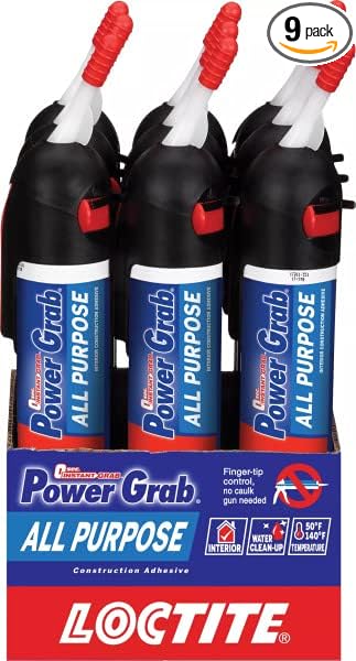 Loctite Power Grab Express All Purpose Construction Adhesive, 7.5 fl oz, 9 Pressure Pack - Versatile Construction Glue for Cement, Tile, Wall & More