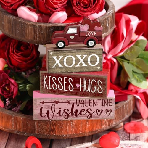Lineshading 4 Pcs Valentine Signs, Farmhouse Truck Tiered Tray Decor