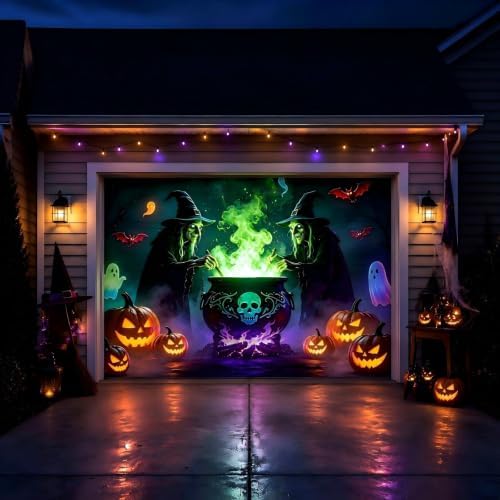 Halloween Garage Door Cover 8x7 FT, Witch Halloween Garage Door Decoration, Large Single Garage Door Banner with Pumpkin Ghost Bat Design, Outdoor Halloween Decor for Home Yard Party
