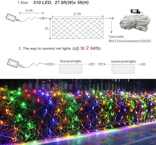 510 LED Christmas Net Lights, 28ft x 5ft Mesh Lights Outdoor Clear Wire 8 modes, Waterproof Connectable String Lights Plug in for Xmas Tree Bushes Garden Holiday Party Decorations - Multicolor