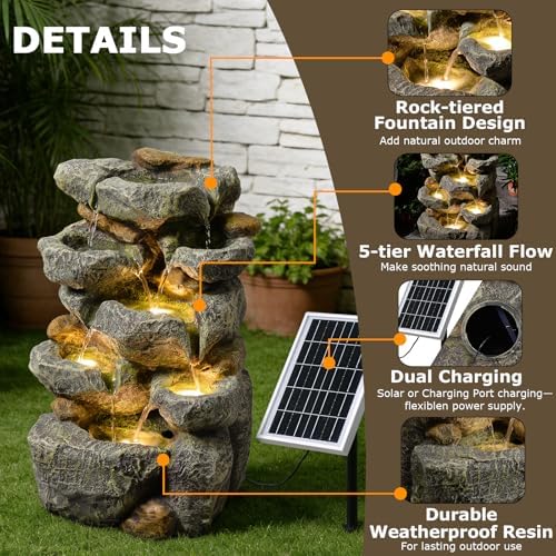5 Tiered Solar Water Fountain Outdoor Garden with LED Lights