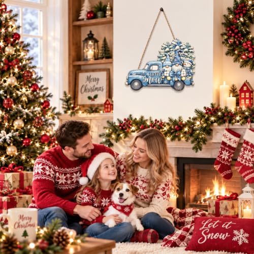 Christmas Decorations Blue Truck Winter Gnomes Hanging Wooden Sign