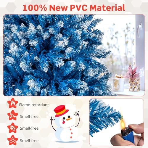 HAPPYGRILL 6 FT Pre-lit Christmas Tree Blue Hinged Artificial Xmas Tree with 270 Warm White LED Lights, 8 Modes, 767 Frosted Branch Tips, Folding Metal Base, for Home Party Holiday