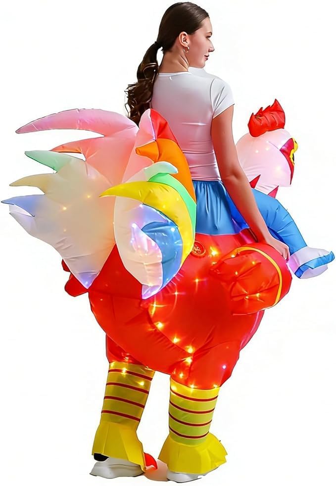 Inflatable Rooster Costume with LED Lights, Blow Up Full Body Chicken Costume for Adults, Funny Light Up Fancy Dress for Halloween Carnival Easter Party Cosplay