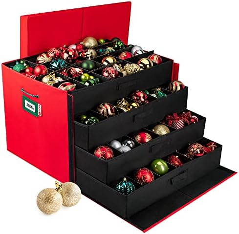 HOLDN’ STORAGE Christmas Ornament Storage Box with Dividers, Stores Ornaments up to 96 of 3 Inch Large Christmas Ball Storage Containers with 4 Trays - Red