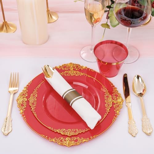 Nervure 175Pcs Red Plastic Plates, Disposable Party Plates for 25 Guests