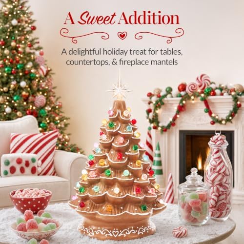 Best Choice Products 15in Ceramic Christmas Tree, Pre-lit Hand-Painted Tabletop Holiday Tree, 2 Star Toppers, 64 Lights - Gingerbread w/Multicolored Bulbs