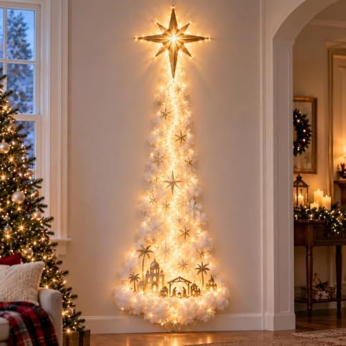 Christmas Magic Trail Wall Light -3D LED Glowing Christmas Scene Wall Decoration, Santa Sleigh Reindeer Hanging Decoration Indoor Holiday Decor for Living Room, Festive Xmas Gift，Bethlehem Star