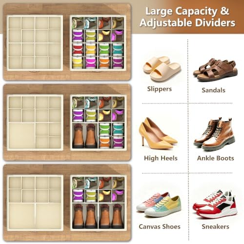 Shoe Organizer for Closet,2 Pack Foldable Shoe Storage Organizer Box Bin with Adjustable Dividers and Clear Cover, Fits up to 16-32 Pairs（Beige）