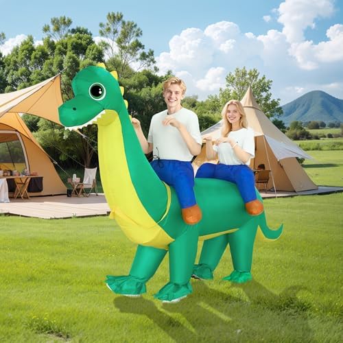 XYJKIDSES Couple Inflatable Dinosaur Costume for Adult Halloween Blow Up Costumes 2 Person Funny Ride On Brachiosaurus Costumes for Men Women Cosplay