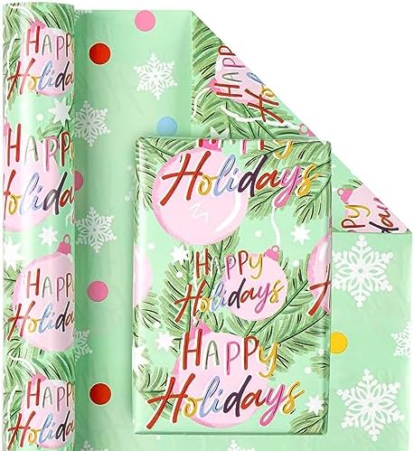 WRAPAHOLIC Reversible Christmas Wrapping Paper - Mini Roll - 17 Inch x 33 Feet - Happy Holiday Lettering with Christmas Ball Design for Holiday, Party Celebration