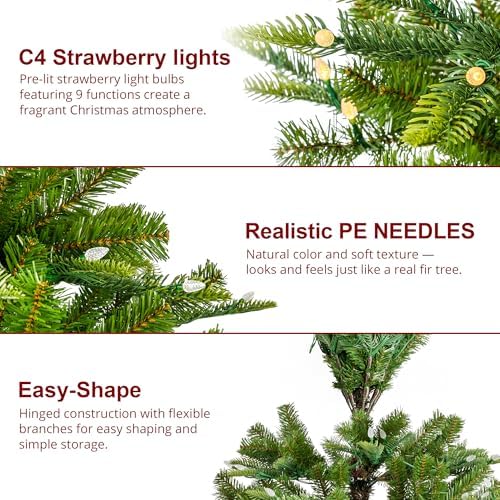 Glitzhome 6.5ft Prelit Christmas Tree, Cascade Evergreen Slim Fir Artificial Christmas Tree with 250 Strawberry Lights,734 PE&PVC Branch Tips, 9 Functional Warm White/Multi-Color, Remote Controller