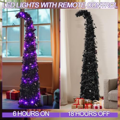 Aurelema 5 ft Curved Halloween Pop up Christmas Tree with Lights Tinsel