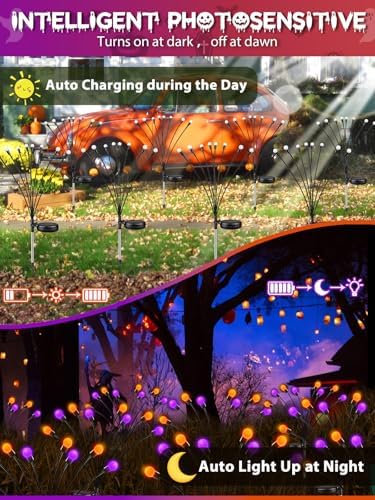 6 Pack Halloween Decorations Outdoor Solar Firefly Lights Orange Purple