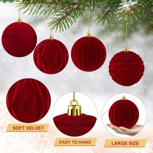 Liliful 4 Inch 12 Pcs Velvet Christmas Ornaments Balls, Wine Red