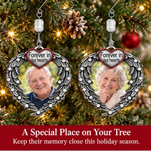 Memorial Photo Ornaments Set of 2 – “Forever in Our Hearts” Silver Heart with Angel Wings – in Memory Picture Ornament – Sympathy Gift for Loss of Loved One – 3.5" H x 3" W – Gift Storage Bags