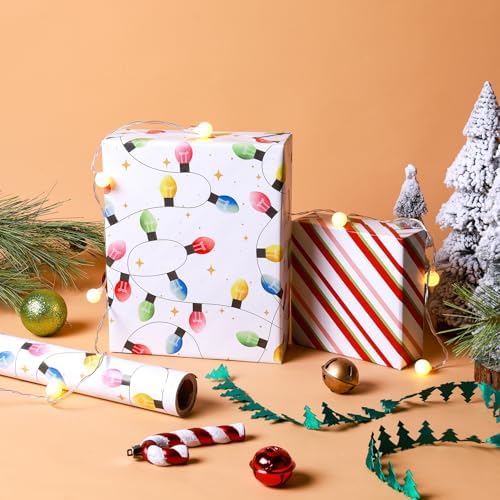 LaRibbons Reversible Christmas Wrapping Paper, Christmas Lights & Striped