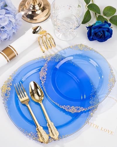 Nervure 175Pcs Blue Plastic Plates, Disposable Party Plates for 25 Guests
