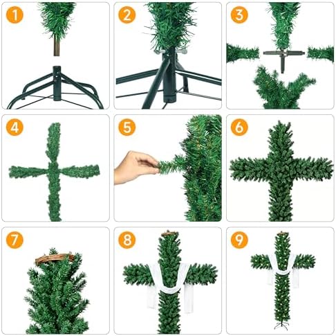 6ft Skinny Cross Christmas Tree with 33ft Plug-in String Lights(100 Bulbs) & White Silk Scarf & Crown of Thorns, Jesus Christ Catholic Cross Decor, Xmas Holiday Home Indoor Outdoor Decorations