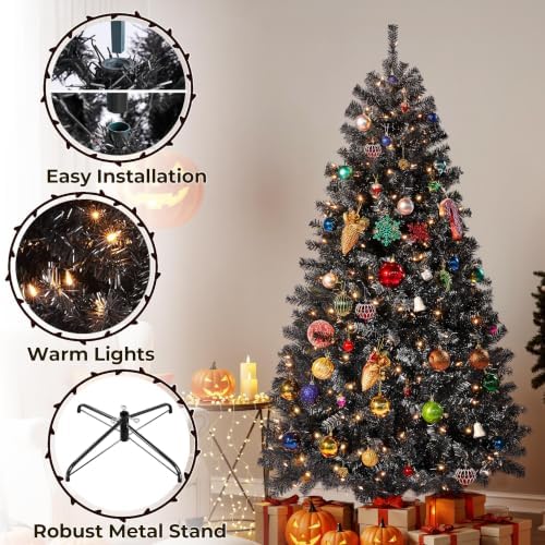 Yaheetech 6ft Pre-lit Christmas Tree with 300 Warm White Lights, Black