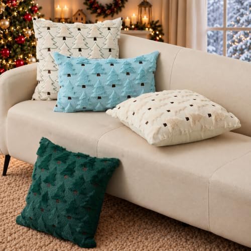 Allorry Christmas Pillow Covers 12x20 inch Set of 2 Blue Christmas Decorations Soft Plush Faux Fur Wool Christmas Tree Throw Pillow Cases Winter Holiday Decor for Sofa Living Room PT002F12