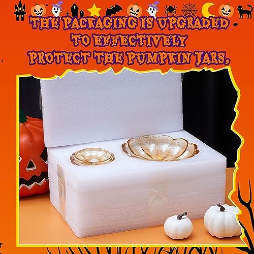 2 Pcs Glass Pumpkin Candy Jar with Lid Halloween Fall, 70 Oz,20 oz, Amber