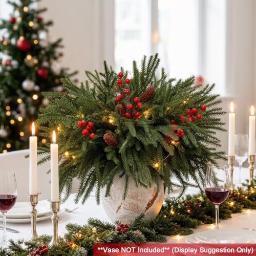 24 Piece Set: 12Pcs Norfolk Pine Branches with LED Lights, Red Berries