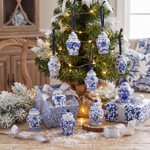 Peryiter 12 Pcs Blue White Christmas Ornaments Ginger Jar, Minimalist