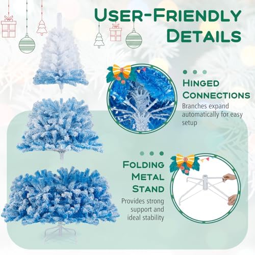 HAPPYGRILL 7 FT Flocked Christmas Tree Blue Hinged Xmas Tree with 1264 Branch Tips & Folding Metal Stand, Artificial Christmas Tree for Home Office Carnival