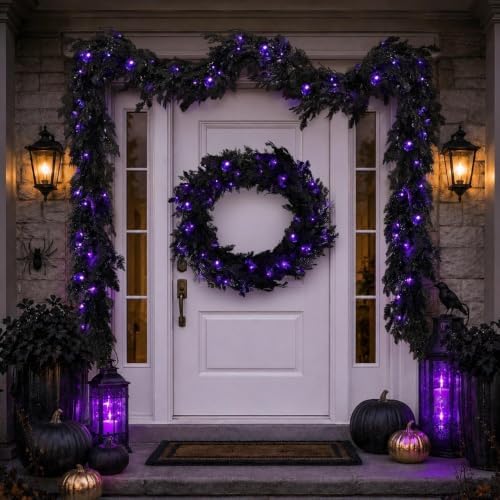 Pre-Lit Halloween Garland 9FT Decorations Black Real Touch Cedar Cypress Pine Plant Artificial Halloween Garland with Lights for Mantle, Fireplace, Table, Stairs, Door, Indoor Outdoor Decorations