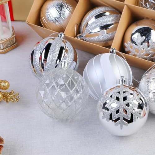 SHareconn 12ct 3.15 Inch Christmas Tree Balls Ornaments, Silver&White, 80mm