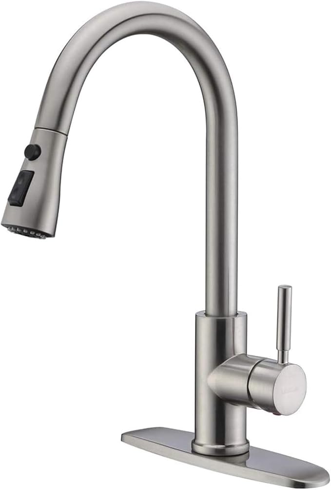 WEWE Single Handle High Arc Brushed Nickel Pull Out Kitchen Faucet,Single Level Stainless Steel Kitchen Sink Faucets with Pull Down Sprayer,Suitable for Laundry Rv Bar