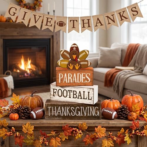 Lineshading 4 Pcs Fall Football Decor, Thanksgiving Turkey Wood Block Sign