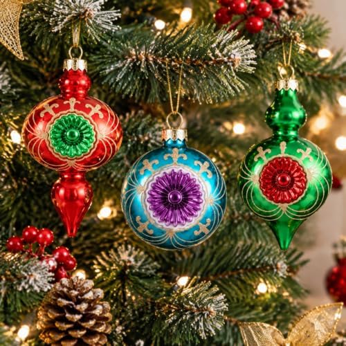 Soulchen 10 Pcs Vintage Glass Christmas Ornaments, Glitter, Retro