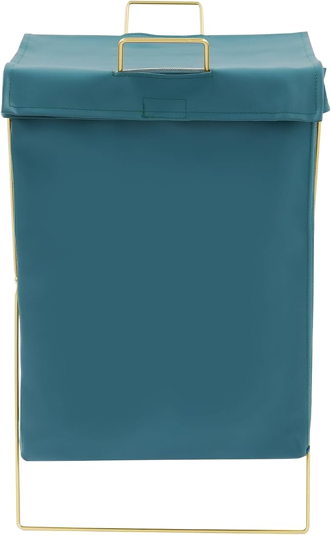 X-Frame Laundry Basket with Lid, Foldable Laundry Hamper, Gold Metal Collapsible Bag Sorter Organizer, Luxury Folding Dirty Clothes Washing Bin (Gold Fram+ Blue Bag)