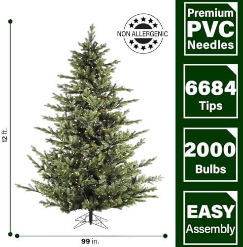 Fraser Hill Farm 12-Ft. Woodside Pine Christmas Tree with Incandescent Smart Lights and Stand, Prelit Artificial Tree with Realistic Foliage, Perfect Holiday Decoration for Foyer and Living Room