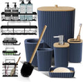 Clara Clark Bathroom Set - Navy Blue Bathroom Accessories Set, 6PC Bathroom Accessory Set, Bathroom Sets with Adhesive Corner Shower Caddy Hanging, Toilet Brush, Trash Can & Soap Dispenser