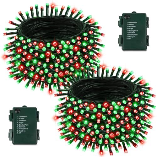 2 Pack 200 LED Battery Operated Christmas Lights, String Lights Red & Green