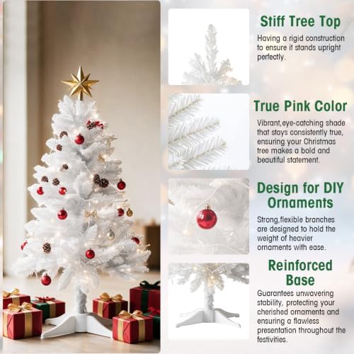4ft White Mini Artificial Christmas Tree Hinged Design with 100 Battery Powered LED Lights, 202 PVC Tips Small White Xmas Tree for Apartment Corner Office Indoor Holiday Party Decorations