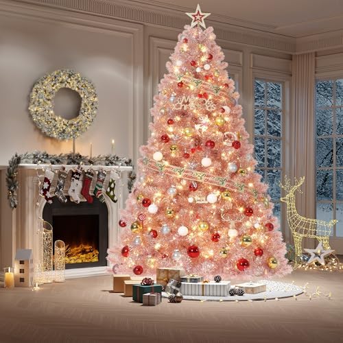 GarveeHome 6 ft Prelit Artificial Christmas Tree with 250 Warm White Lights, Pre-Lit Snow Flocked Pencil Christmas Tree, Foldable Base,Holiday Decoration for Home, Office, Party,Rose Gold Tinsel