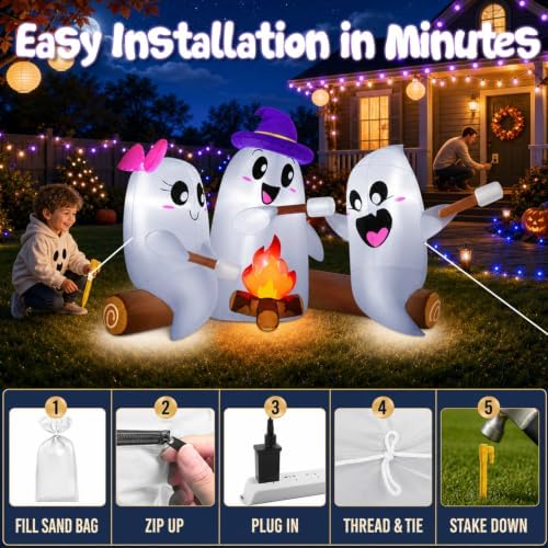 zukakii 6FT Long Halloween Inflatables Decorations Outdoor Campfire Ghosts Adorable Halloween Blow up Yard Decoration Blowup Cute 3 Ghosts Roasting Marshmallows Over Campfire Built-in LEDs Party Lawn