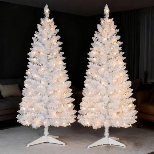 2PCS Lighted 4ft White Christmas Tree, Leeheeyee Artificial Small Christmas Tree, Not Pre-lit White Tinsel Pine Trees with Lights, Ideal for Home, Office, and Xmas Tree Party Décor